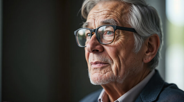 Portrait of an elderly man close-up, over 75 years old, wearing modern glasses