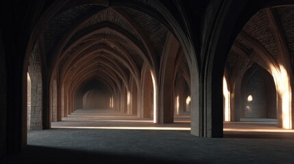 Old castle hall with arches illuminated by soft light Generative AI