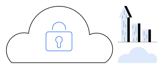 Cloud with padlock symbolizing data security, bar chart with arrow for business growth, small cloud icon. Ideal for cybersecurity, cloud services, technology, data analytics, business strategy