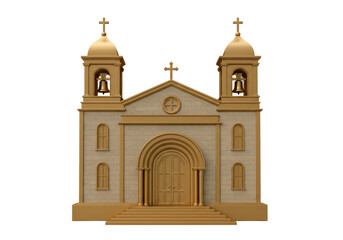 Isolated golden church facade with cross and bells, building exterior in front view