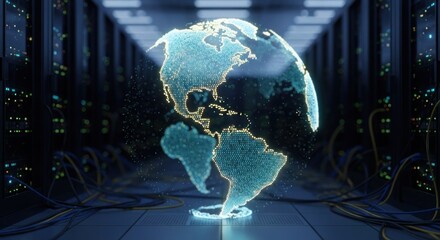 Digital globe hologram floats in a dim data center corridor