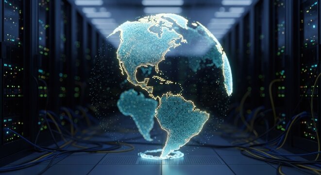 Digital globe hologram floats in a dim data center corridor