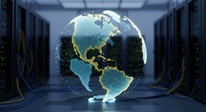 Digital globe floats in server room, cables visible