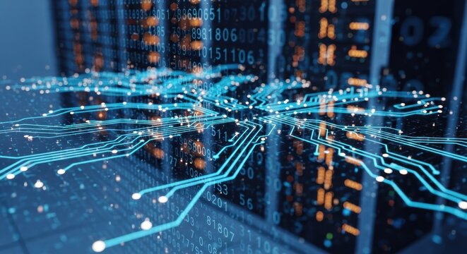 Digital data flows on network servers, glowing blue with numeric overlay