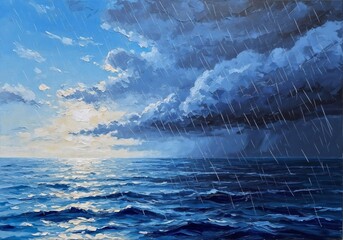 Modern Impressionist Ocean Rainstorm Oil Painting - Dramatic Clouds, Rainfall, and Sunlit Sea for Contemplative Decor