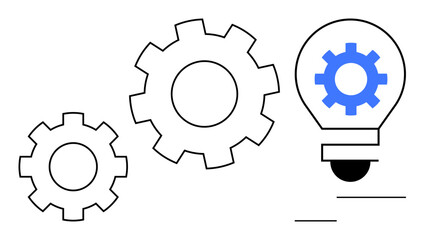 Light bulb with blue gear inside and two black outline gears signify innovation, teamwork, and process improvement. Ideal for creativity, engineering, strategy, technology, efficiency, collaboration