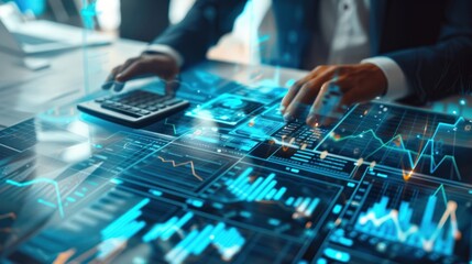Business Professional Analyzing Financial Data on Digital Tablet with Graphs and Charts in Modern Office