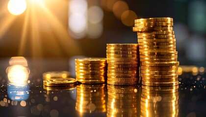 Golden coins stacked in ascending order, reflecting in a dark surface, with a sunburst effect in the background.
