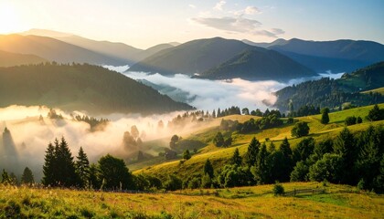 Sunrise over a valley nestled amongst misty mountain ranges.