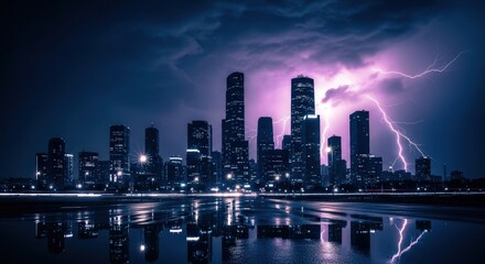 City Skyline During Thunderstorm with Lightning Illuminating Skyscrapers at Night
