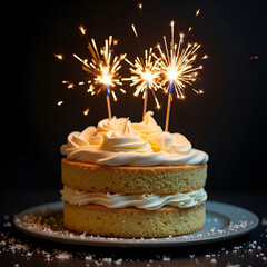 Two Layered Vanilla Cake with Cream Frosting and Sparklers on a Dark Background