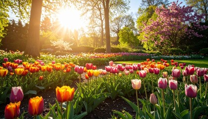 Fototapeta premium Vibrant tulips bask in the warm glow of a spring sunset, surrounded by lush greenery and blossoming trees in a picturesque garden.