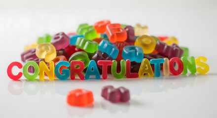 Colorful gummy letter candies spelling out congratulations isolated on white background