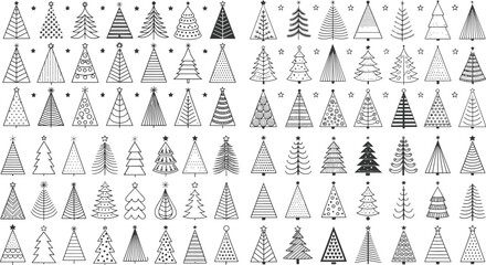 Collection of christmas tree related line icons. with Transparent Background Featuring Stylized Holiday Black and White Christmas Tree Set Designs for Festive Decoration and Seasonal Design vector eps
