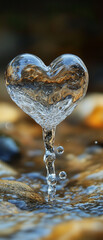 Water droplet in shape of a heart. To symbolize water conservation and hydration , Vertical, high-speed photo 