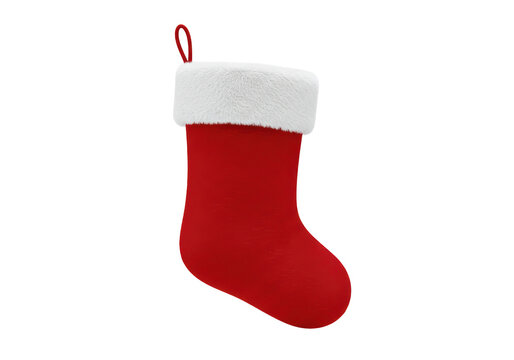 Isolated festive Christmas holiday stocking red and fluffy with a loop for hanging up