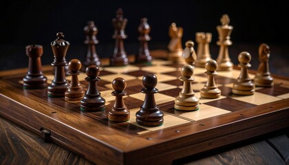 A wooden chessboard with chess pieces set up for a game, featuring dark and light pieces on a checkered board.