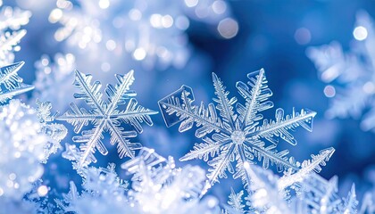 Close-up of several intricate snowflakes with delicate crystalline structures, resting on a blurred, icy blue background.