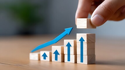 Hands arranging wooden blocks to form a rising graph, depicting business growth and progress.