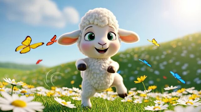 Joyful Easter Lamb Dancing in Daisy Field - A cute, animated lamb joyfully dances in a field of daisies, surrounded by colorful butterflies.