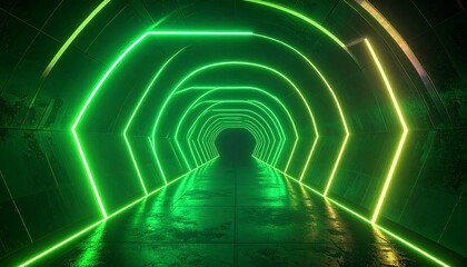 A futuristic tunnel with repeating hexagon shapes outlined with vibrant green neon lights, leading towards a dark vanishing point.