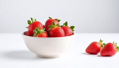 Fresh, ripe strawberries displayed in a white bowl, with some scattered nearby on a white surface.