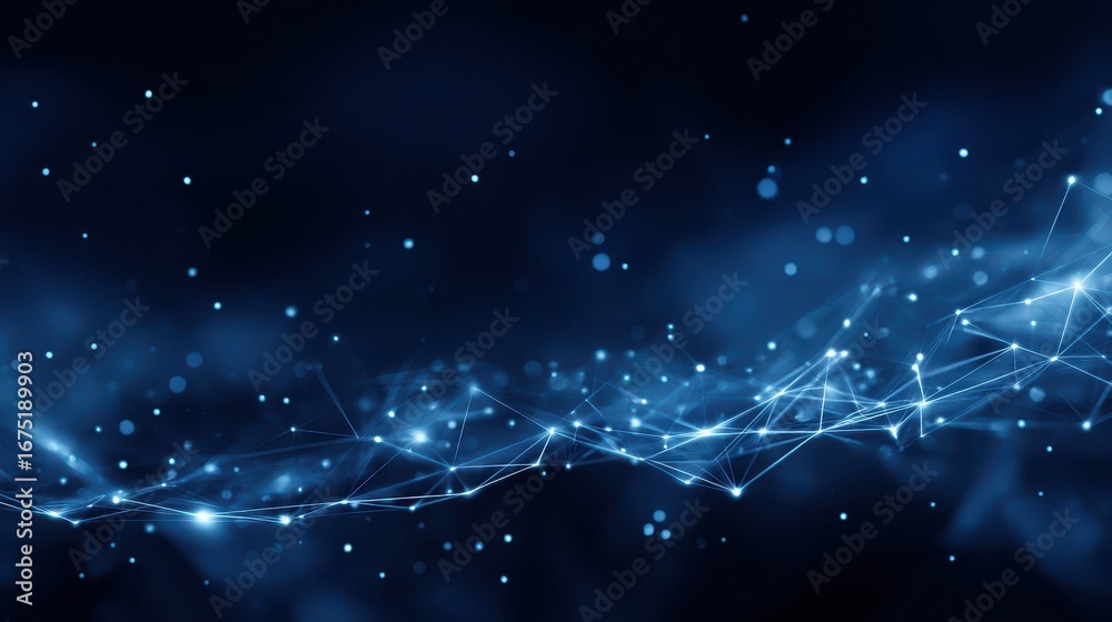 Wall mural a dark blue digital background with a glowing network border and starry abstract elements.