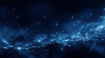 A dark blue digital background with a glowing network border and starry abstract elements.