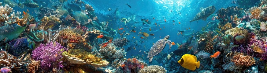 Obraz premium Vibrant Coral Reef Ecosystem Featuring Colorful Fish and Marine Life Underwater with Bright Sunlight Streaming Through Turquoise Water