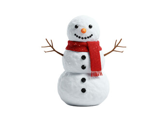 Isolated frosty winter snowman figurine made of snow, wearing a red scarf in studio shot