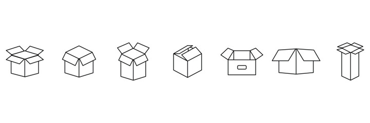 Open cardboard packaging box icon vector illustration of different shipping carton styles for delivery storage product parcel and logistics