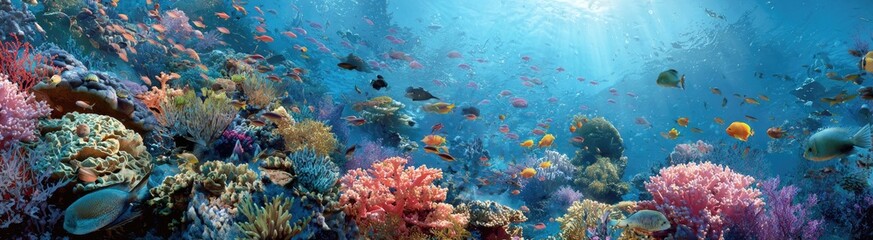 Fototapeta premium Vibrant Underwater Scene Depicting Colorful Coral Reefs and Diverse Fish Species Illuminated by Sunlight