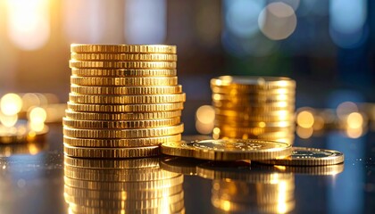 Stacked gold coins on a reflective surface, with bokeh lights in the background, suggesting wealth and financial prosperity.