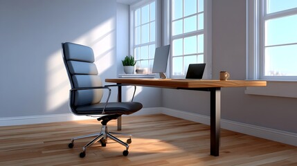 Bright and modern office workspace with desk and chair.