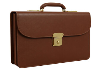 Isolated leather briefcase for business documents and papers, brown color, golden hardware