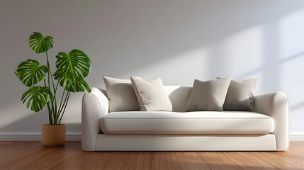 Cozy and modern living room with white couch and houseplants