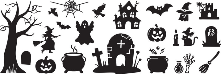 Spooky Halloween silhouettes collection for party decorations and invitation cards with pumpkins and witch