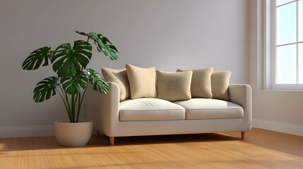 Fototapeta premium Minimalist living room with modern sofa and indoor plant