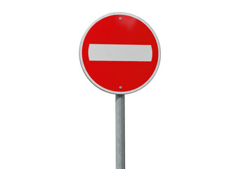 Isolated red road sign indicating no entry or do not enter, road closed, drive safely