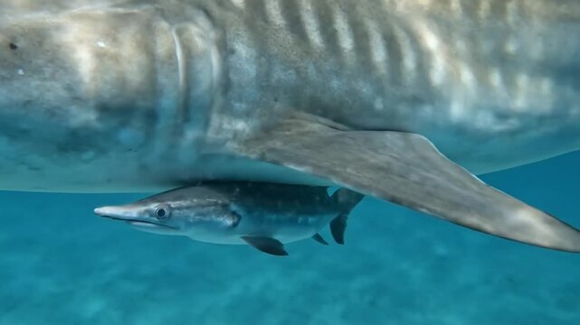 pilot fish swimming underneath large shark