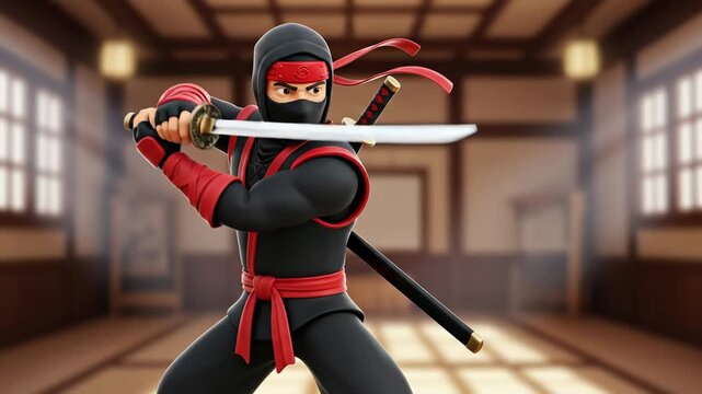 Cartoon Ninja with Katana in Dojo - A 3D-video cartoon ninja, clad in black and red attire, holds a katana in a fighting stance. The background features a blurred traditional Japanese dojo.