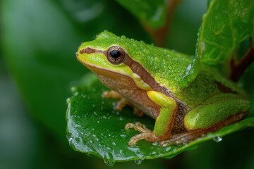 Obraz premium Emerald Jewel: A Tiny Frog Enjoys a Refreshing Rain Shower