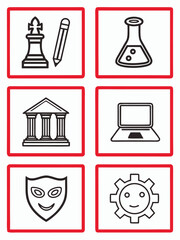 Educational Icon Set Chess Piece Pencil Science Flask Architecture Laptop Mask Cogwheel Black and White Design