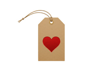 Isolated kraft gift tag with heart cut-out and twine, symbol of love and romantic sentiment