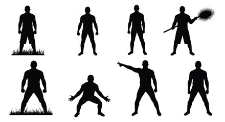 Collection of various black silhouettes of a man in different poses and actions