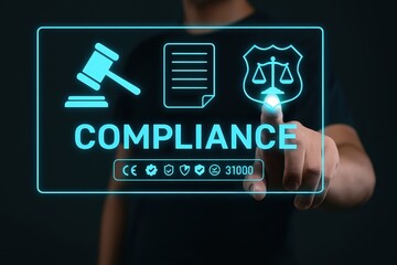 A hand interacts with a glowing digital interface showcasing the concept of compliance.