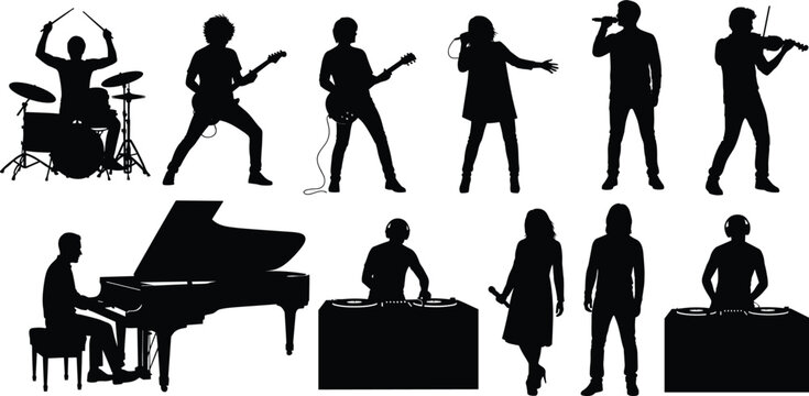 Silhouette musicians playing drums, electric guitar, piano, violin, singing, DJ with turntables, live performance, concert, music band, entertainment, artist, stage.