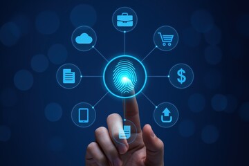 A fingertip interacts with a digital interface, showcasing various interconnected digital icons, representing secure digital transactions and online services.