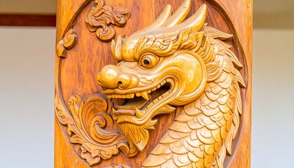 Carved dragon head on a wooden pillar