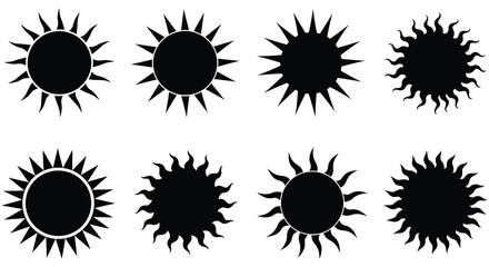 Collection of various black sun symbols on white background